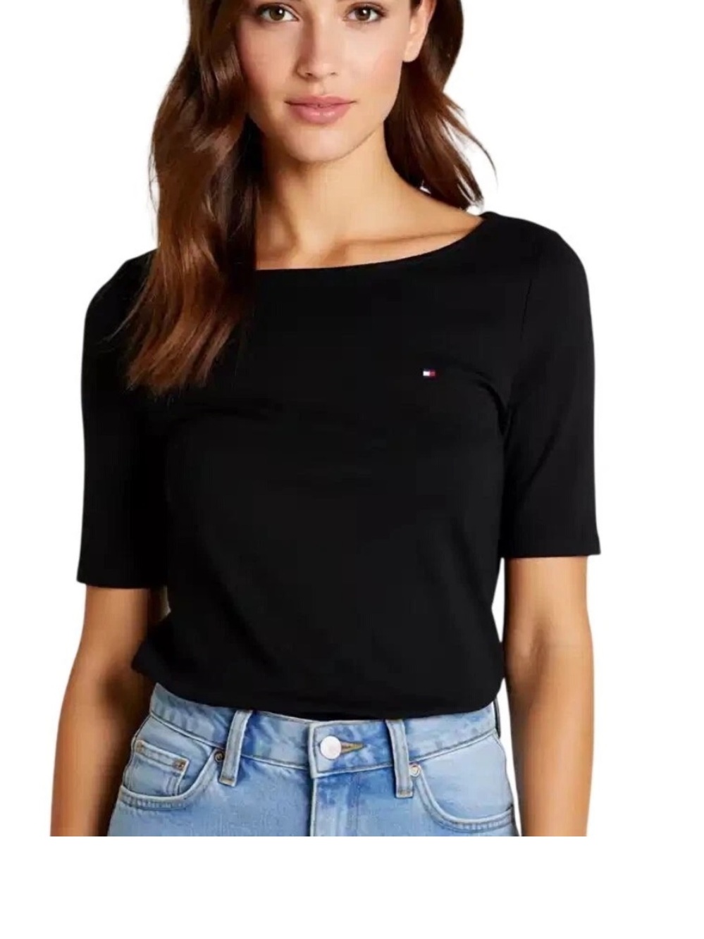 Tommy HilfigerY2K style classic Black Boatneck Short Sleeve Top Large NWT